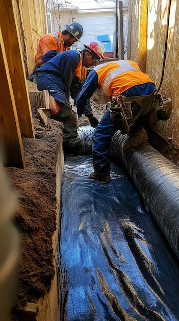 Photo technicians preparing a resinimpregnated felt liner for installation