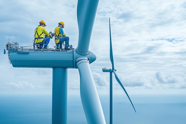 Technicians working on a wind turbine with blades slowly turning in a breeze reflecting innovation in sustainable electricity