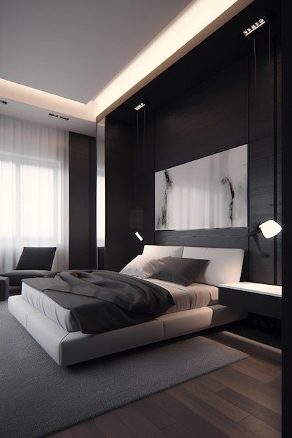 Techno style bedroom interior with modern bed in luxury house