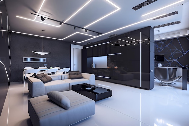 Techno style interior of living room in luxury house