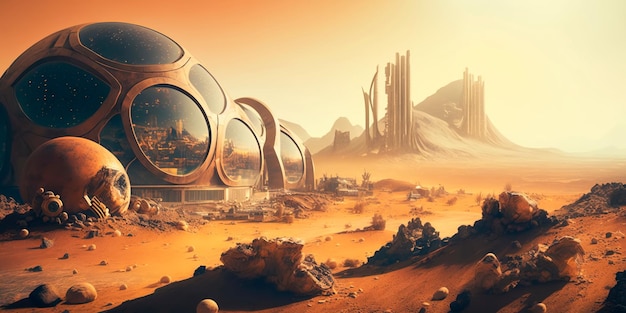 Technological city of the future which is located in the most dangerous conditions on Mars Generative AI