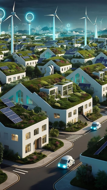 Technological city of the future with white houses green roofs of houses with gardens futurism an