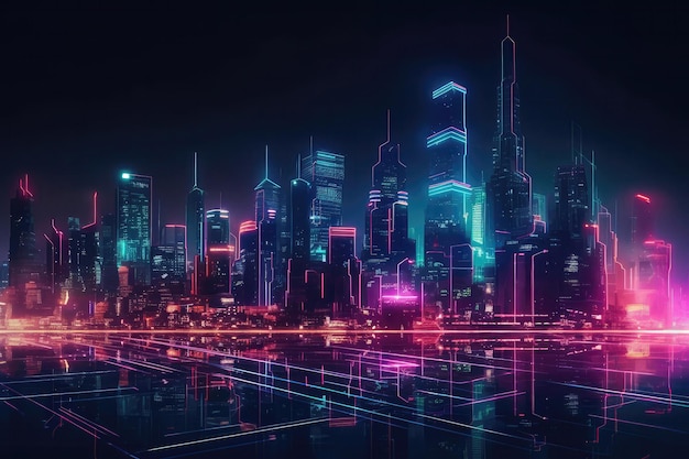 Technological City Skyline Illuminated With Neon Lighting Generative AI