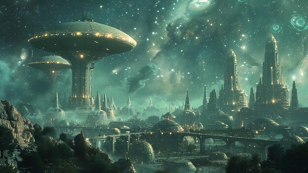 Technologically advanced alien civilization with towering structures and intricate architecture under a starry sky