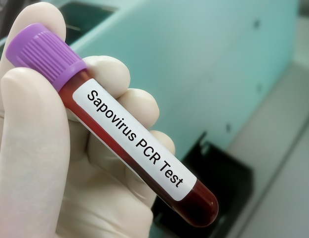 Technologist hold blood sample with blur background for Sapovirus PCR test