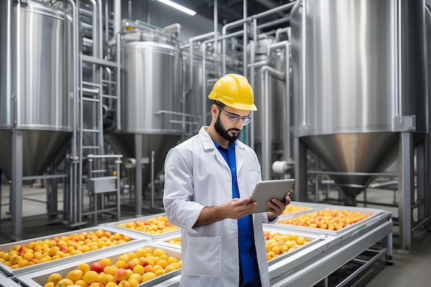 Photo technologist with tablet computer standing by water tank conveyers doing quality