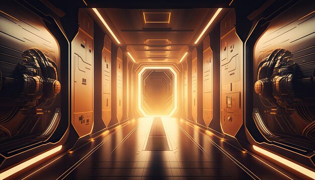 Technology abstract corridor neon light background empty space scene spaceship Generative AI