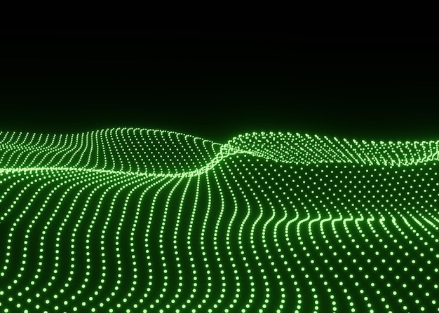 Technology abstract green background with flowing glowing particles dark background