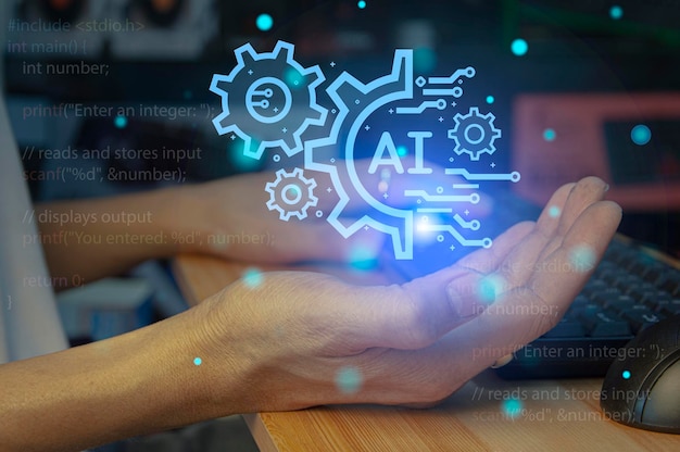 Technology ai artificial intelligence A person who uses artificial intelligence AI smart robot technology by inputting commands to create something future technological changes