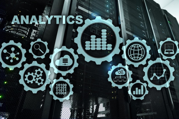 Technology Analytics concept on virtual screen Big data with graph icons on a digital screen interface and a server room background