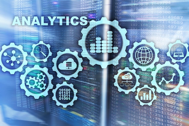 Technology Analytics concept on virtual screen Big data with graph icons on a digital screen interface and a server room background