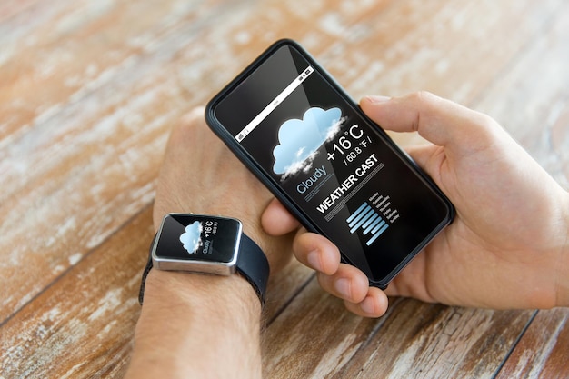 technology, application, weather forecast and people concept - close up of male hand holding smart phone and wearing watch with cloud icon and air temperature on screen