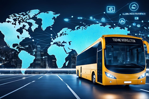 Technology Bus for communication blue background with network Global business internet network