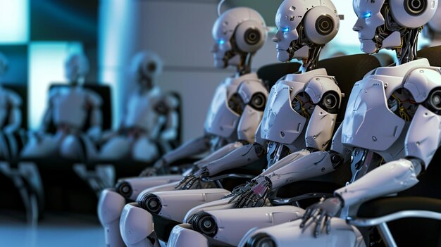 Photo technology and business concept group of futuristic android robots sitting on a chair and waiting