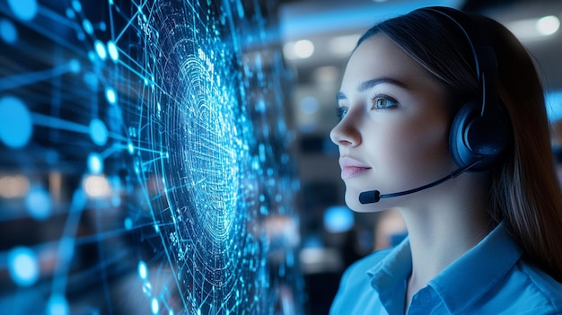 Technology concept with a customer service rep wearing a headset and digital hologram screen