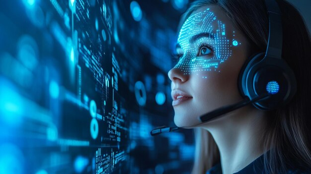 Technology concept with a customer service rep wearing a headset and digital hologram screen