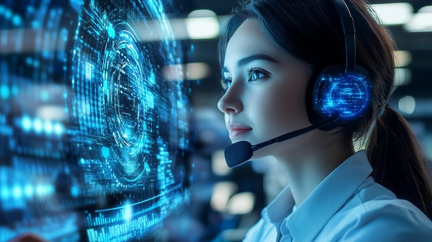 Technology concept with a customer service rep wearing a headset and digital hologram screen