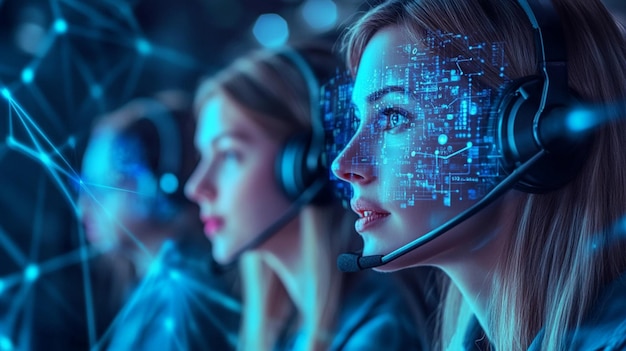 Technology concept with a customer service rep wearing a headset and digital hologram screen