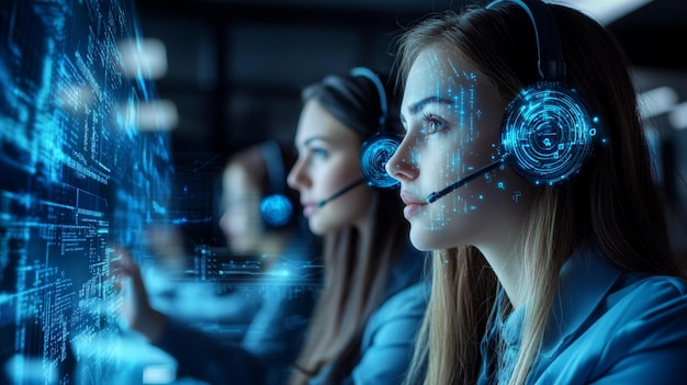 Technology concept with a customer service rep wearing a headset and digital hologram screen