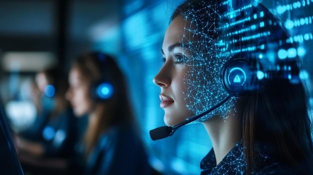 Technology concept with a customer service rep wearing a headset and digital hologram screen