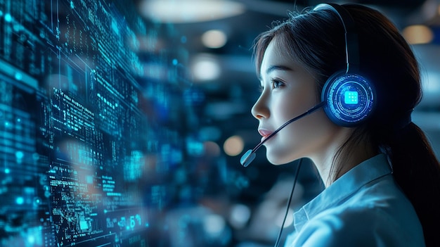 Technology concept with a customer service rep wearing a headset and digital hologram screen