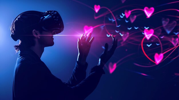 Photo technology and daily life concept woman wearing vr glasses hand touching hologram your object