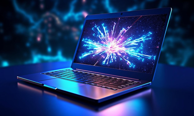 Technology data in laptop screen on blue background generative ai