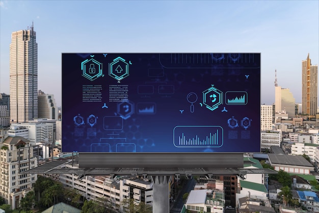 Technology hologram on billboard over panorama city view of Bangkok The largest tech hub in Southeast Asia The concept of developing coding and hightech science