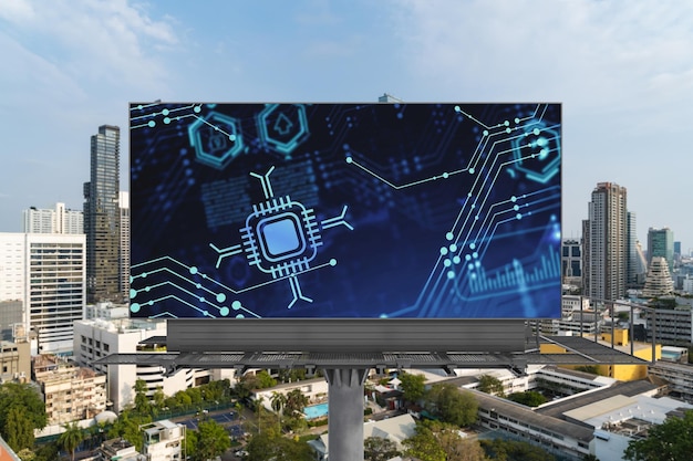 Technology hologram on billboard over panorama city view of Bangkok The largest tech hub in Southeast Asia The concept of developing coding and hightech science