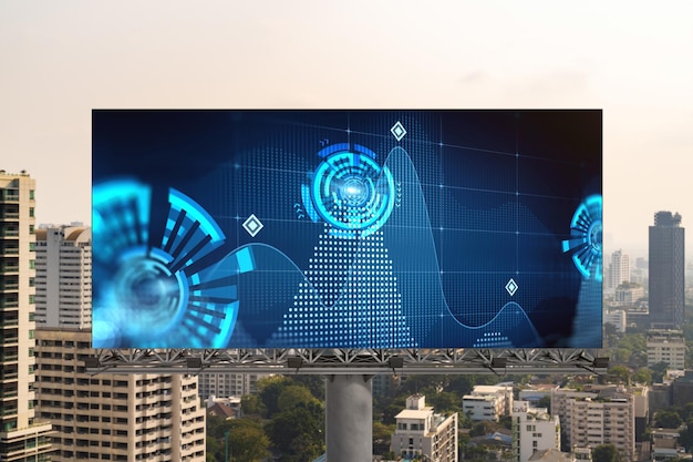 Technology hologram on billboard over panorama city view of Bangkok The largest tech hub in Southeast Asia The concept of developing coding and hightech science