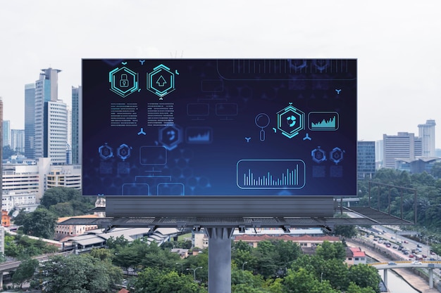 Technology hologram on billboard over panorama city view of Kuala Lumpur KL is the largest tech hub in Malaysia Asia The concept of developing coding and hightech science