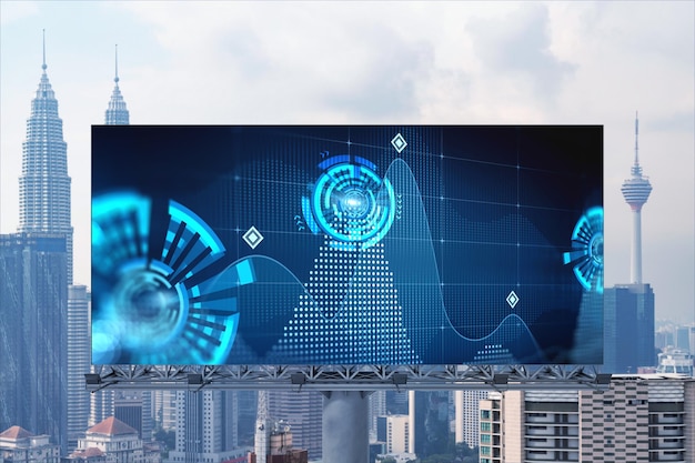 Technology hologram on billboard over panorama city view of Kuala Lumpur KL is the largest tech hub in Malaysia Asia The concept of developing coding and hightech science