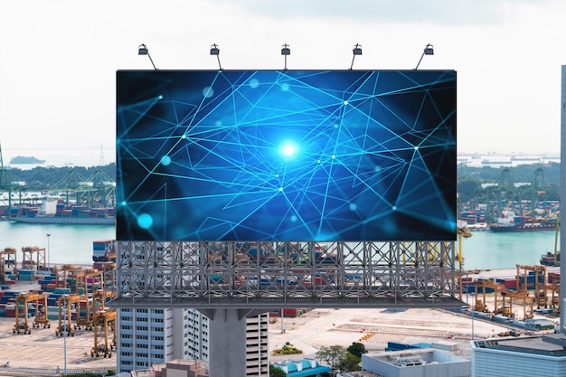 Technology hologram on billboard over panorama city view of Singapore The largest tech hub in Southeast Asia The concept of developing coding and hightech science