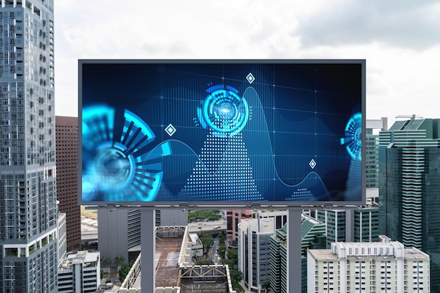 Technology hologram on billboard over panorama city view of Singapore The largest tech hub in Southeast Asia The concept of developing coding and hightech science