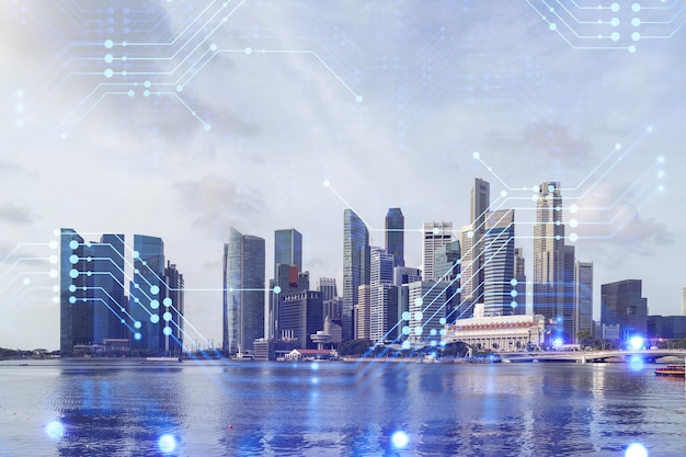 Technology hologram over panorama city view of Singapore The largest tech hub in Asia The concept of developing coding and hightech science Double exposure