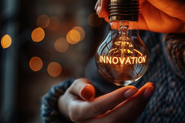 Photo technology innovation concept bulbs with innovation text icon background business learning