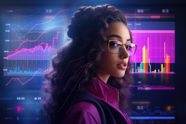 Technology Insights Unveiled Analyzing Data Trends on Dashboard Immerse yourself in the world of technology as a woman examines data trends and graphs on a digital dashboard