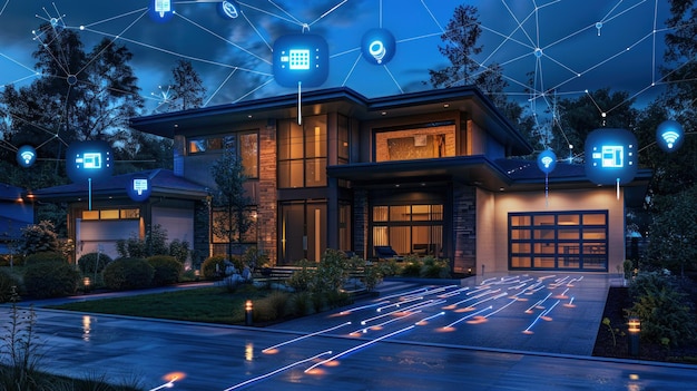 technology Smart home with connected devices and digital icons Glowing bluelit house withsymbolism