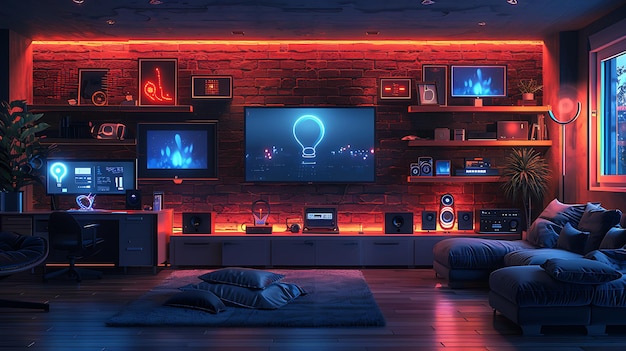 Technology Smart home with connected devices and digital icons Glowing house with symbolism