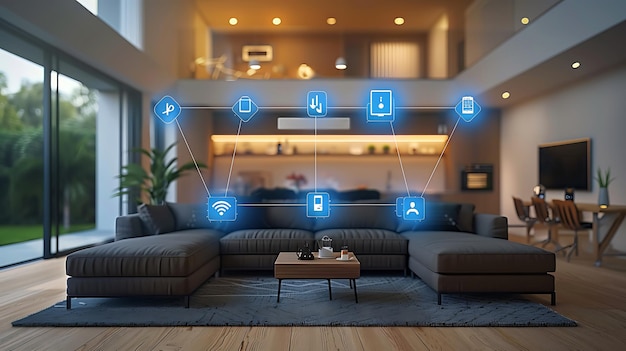 Technology Smart home with connected devices and digital icons Glowing house with symbolism