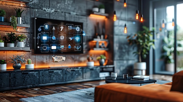 Technology Smart home with connected devices and digital icons Glowing house with symbolism