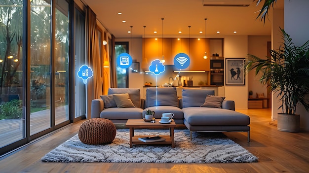 Technology Smart home with connected devices and digital icons Glowing house with symbolism