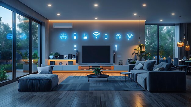 Technology Smart home with connected devices and digital icons Glowing house with symbolism