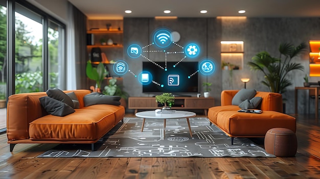 Technology Smart home with connected devices and digital icons Glowing house with symbolism