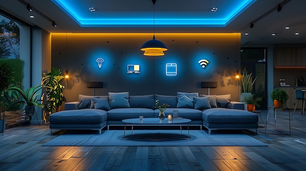 Technology Smart home with connected devices and digital icons Glowing house with symbolism