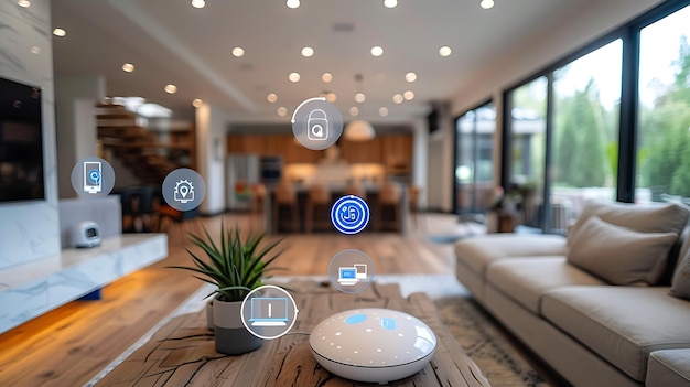 Technology Smart home with connected devices and digital icons Glowing house with symbolism