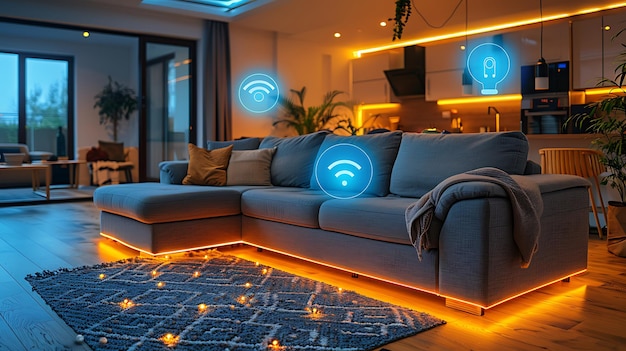 Technology Smart home with connected devices and digital icons Glowing house with symbolism