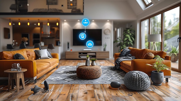 Technology Smart home with connected devices and digital icons Glowing house with symbolism