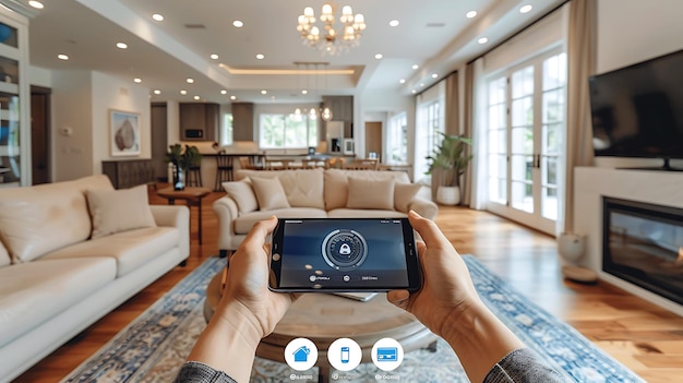 Photo technology smart home with connected devices and digital icons glowing house with symbolism