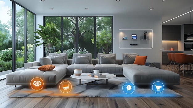 Photo technology smart home with connected devices and digital icons glowing house with symbolism